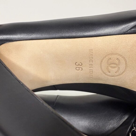 Chanel Black Leather Platform Silver Chain Pump Heel Shoes Sz 36 EU CC Cap Toe - Picture 10 of 12